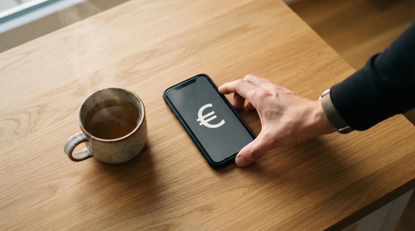 Een hand legt een smartphone naast een kopje thee op een keukentafel, een rustige avond